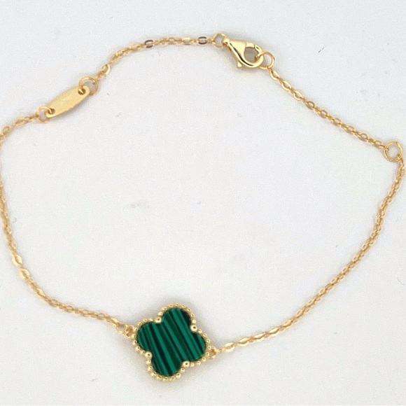 18k Gold Plated sterling silver Green Malachite Clover Bracelet - Picture 2 of 3